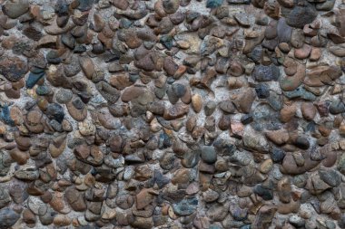 Beton alçı, bir sürü pürüzsüz nehir taşıyla birleşmiş. Dekoratif duvar. Kusursuz desen.