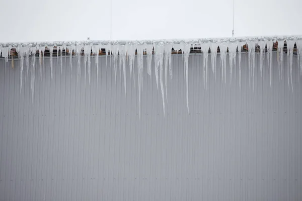 Nagyon Nagy Jégcsapok Lógnak Tetőről — Stock Fotó