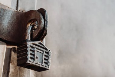 Kulübe şeklinde asma kilit kapalı kapının menteşelerinde asılı duruyor. Metal kapılar.