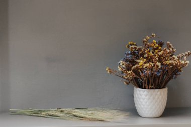 Kurumuş kır çiçekleri. Beyaz bir vazoda bir sürü küçük mavi ve sarı çiçek var. Gri arka planda bir buket.