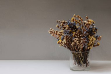 Kurumuş kır çiçekleri. Şeffaf bir vazoda bir sürü küçük mavi ve sarı çiçek var. Gri arka planda bir buket.
