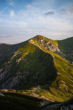 Bulutlu mavi gökyüzüne karşı yeşil bitki örtüsüyle kaplı kayalık dağlar. Zakopane, Polonya