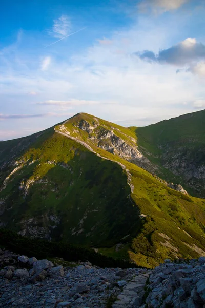 Bulutlu mavi gökyüzüne karşı yeşil bitki örtüsüyle kaplı kayalık dağlar. Zakopane, Polonya