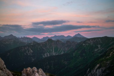 Rocky Carpathian dağları, gün batımından dolayı üzerinde pembe bir gölge olan yeşil bitki örtüsüyle kaplı.
