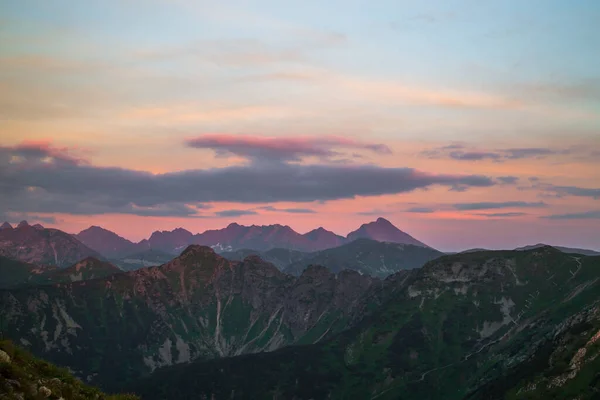Rocky Carpathian dağları, gün batımından dolayı üzerinde pembe bir gölge olan yeşil bitki örtüsüyle kaplı.