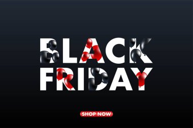 Kara Cuma bayrak vektör arkaplanı, siyah balonlar ve conffeti.