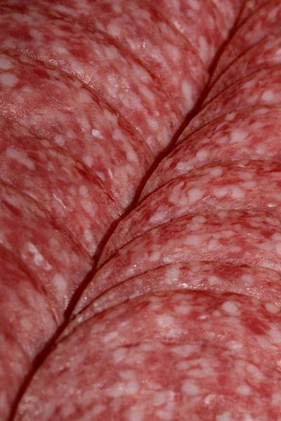 Salame rotondo diapositive linee macro sfondo stampe di alta qualità f — Foto Stock