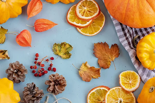 Jasne jesienne tło. Widok z góry na biały i brązowy sprawdzone ręcznik kuchenny, dynia pomarańczowa, żółty squash, jesienne liście, physalis, szyszki, suszone plasterki pomarańczy, płaskie układanki, koncepcja dziękczynienia — Zdjęcie stockowe