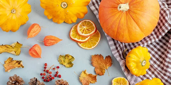 Jasne jesienne tło. Widok z góry na biały i brązowy sprawdzone ręcznik kuchenny, dynia pomarańczowa, żółty squash, jesienne liście, physalis, szyszki, suszone plasterki pomarańczy, płaskie układanki, koncepcja dziękczynienia. ZAŁĄCZNIK II — Zdjęcie stockowe