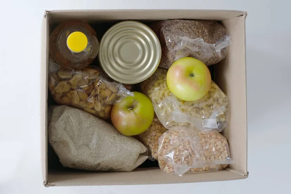 Box Canned Packaged Food Charity Donation White Background — Stock Photo, Image