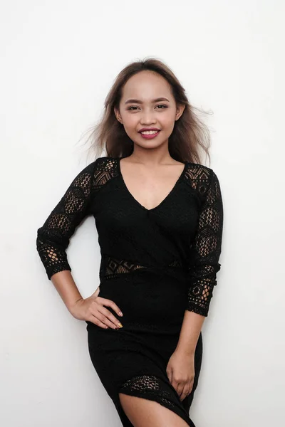 Young Sexy Girl Wearing Black Long Lace Dress Shot Isolated — 스톡 사진