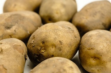 Patates ya da Solanum tüberozum, izole edilmiş beyaz arka planda çekimler.