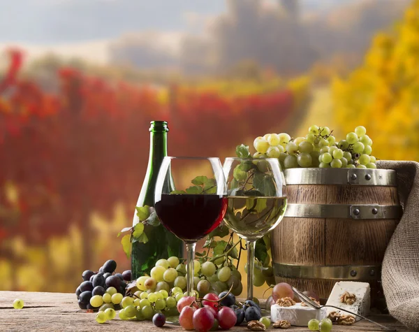 Rood, witte wijn flessen en wijnglazen — Stockfoto