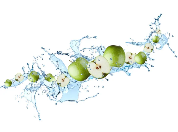 Water splash met groene appel — Stockfoto