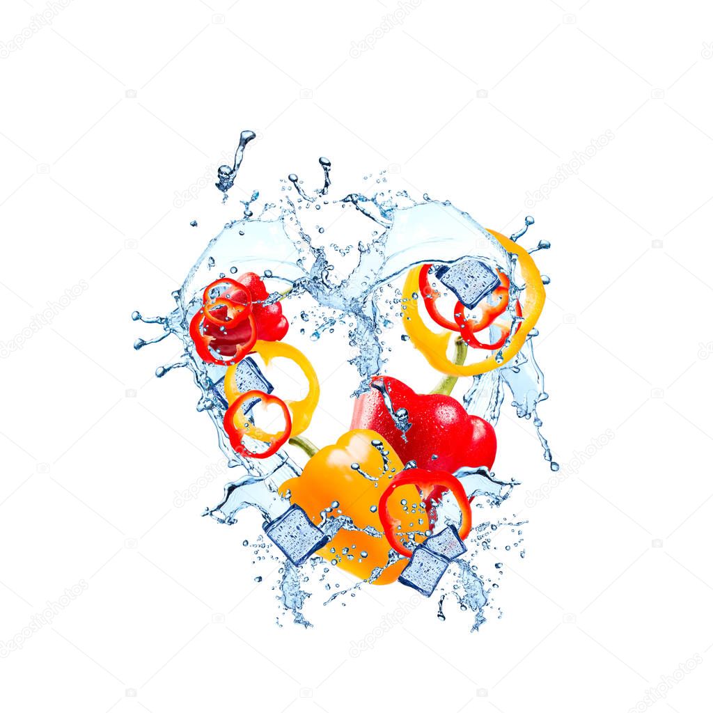 Water splash with peppers