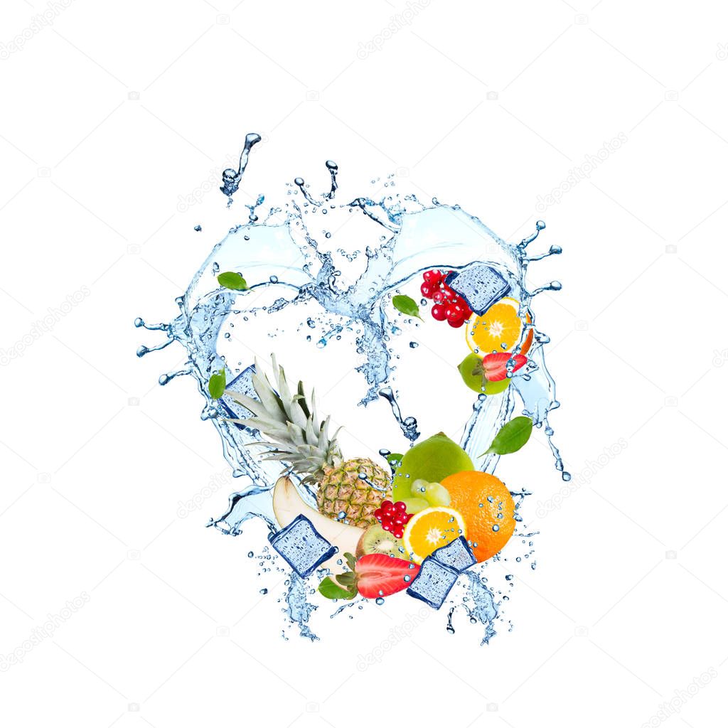 Water splash with fruits
