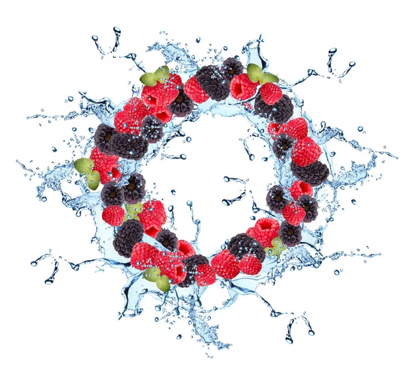 Water Splash Mix Berries Isolated White Background — Stock Photo, Image