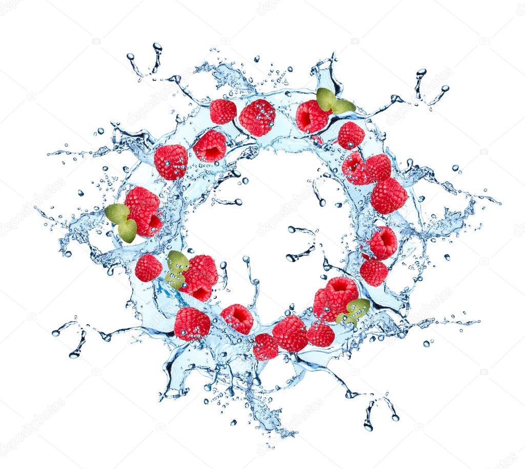 Water splash with mix berries isolated on white background.