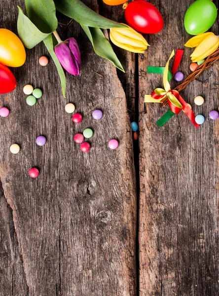 Easter Eggs Flower Wooden Table Spring Concept Plank — Stock Photo, Image