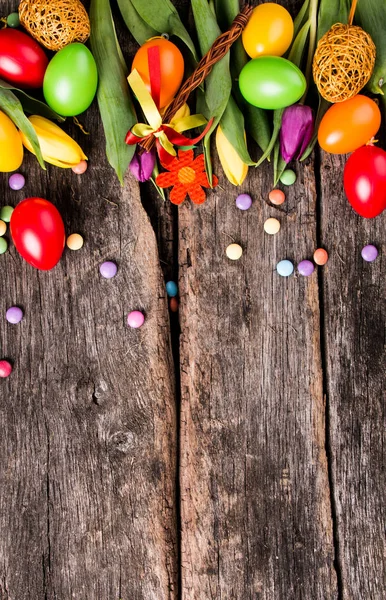 Easter Eggs Flower Wooden Table Spring Concept Plank — Stock Photo, Image