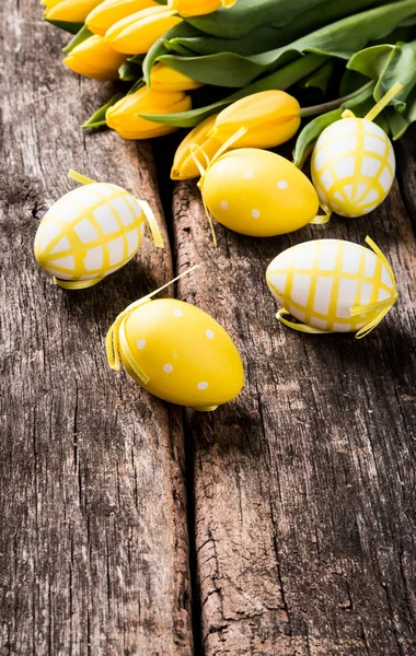 Easter Eggs Flower Wooden Table Spring Concept Plank — Stock Photo, Image