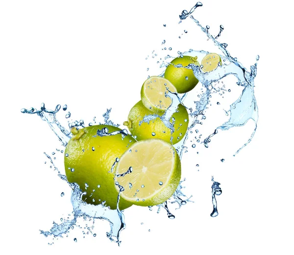 Salpicos Água Com Frutas Cítricas Lime Movimento Água Objeto Abstrato — Fotografia de Stock