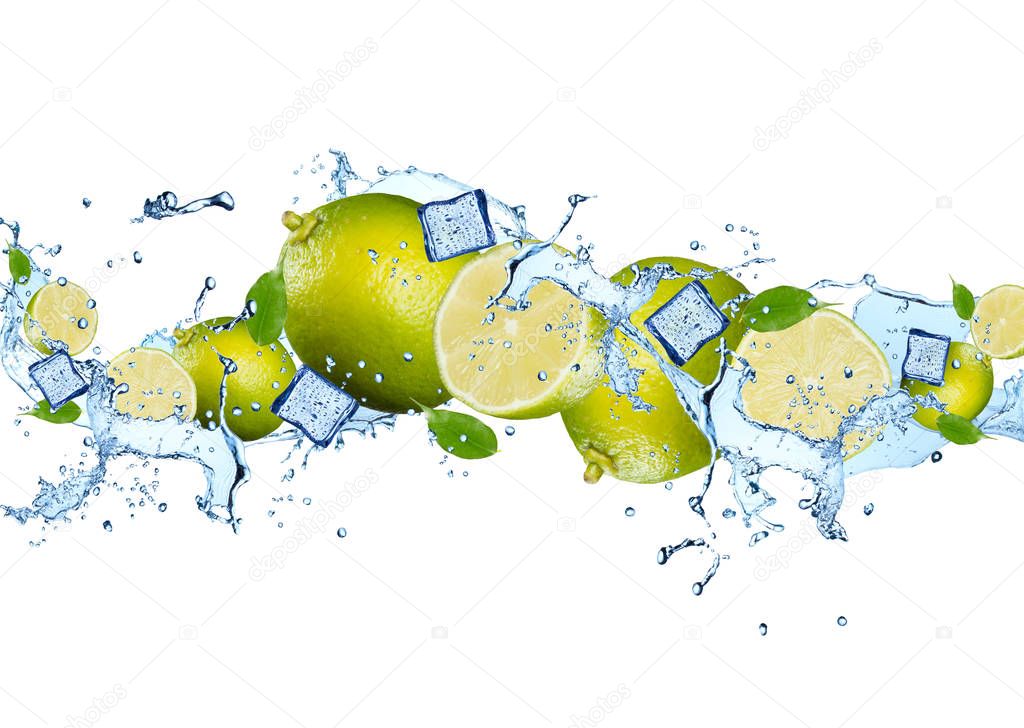 Water splash with citrus fruits. LIme in water motion. Abstract object. 