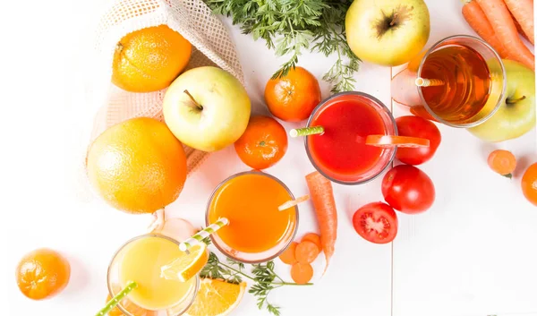 Fresh Drinks Juice Tomato Orange Carrot Fresh Fruits Vegetable Wooden — Stock Photo, Image