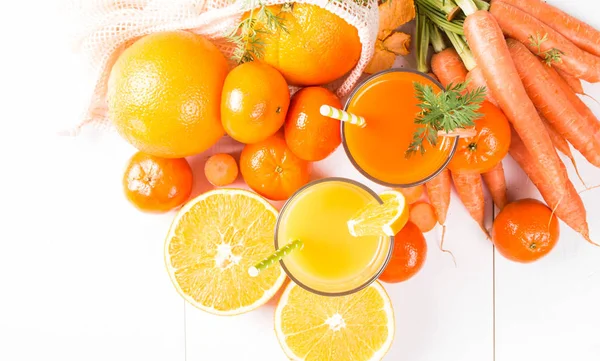 Fresh Drinks Juice Tomato Orange Carrot Fresh Fruits Vegetable Wooden — Stock Photo, Image