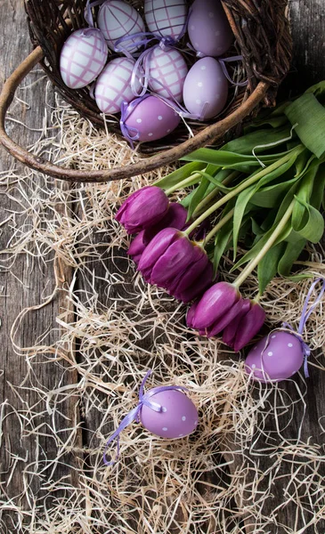 Påskägg Och Blomma Träbord Våren Koncept Planka — Stockfoto