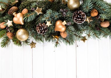 Noel kompozisyon, Noel dekorasyon, ribbot, çam kozalağı, ahşap masa üzerinde çam, Düz yatıyordu, kopya alanı, metin için boş alan