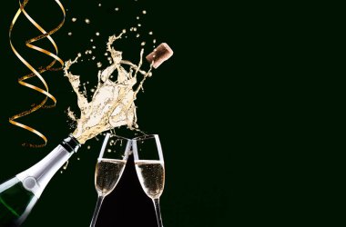 Champagne explosion on black background.  clipart