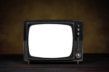 Eski taşınabilir televizyon, boş ekran. Tahta masa ve kahverengi arka plan. Yatay versiyonu. Eskitme, modernleşme veya teknolojik devrim kavramı