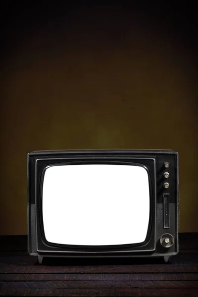 Old Portable Television Blank Screen Wooden Table Brown Background Vertical — Stock Photo, Image