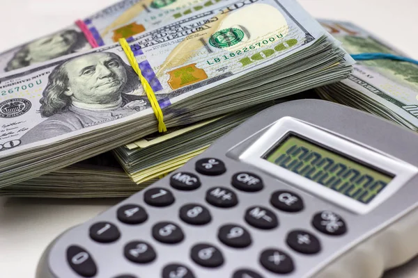 Dollar Usa Packs Gray Calculator White Background Money Accounting Finance — Stock Photo, Image