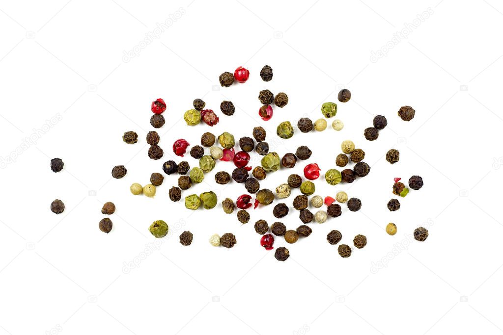 Top view of black, red and white peppercorns, flat lay pepper mix isolated on white background.