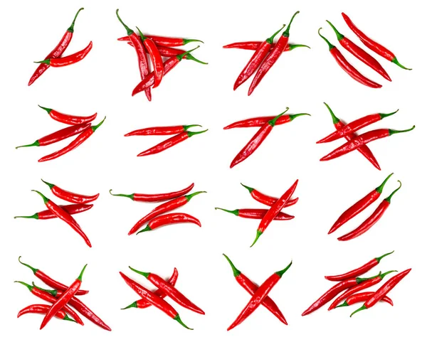 Čerstvé Červené Horké Chilli Papričky Set Kolekce Izolované Bílém Pozadí — Stock fotografie