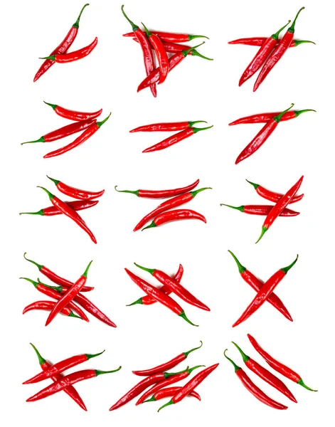 Fresh Red Hot Chilli Pepper Set Collection Isolated White Background — Stock Photo, Image