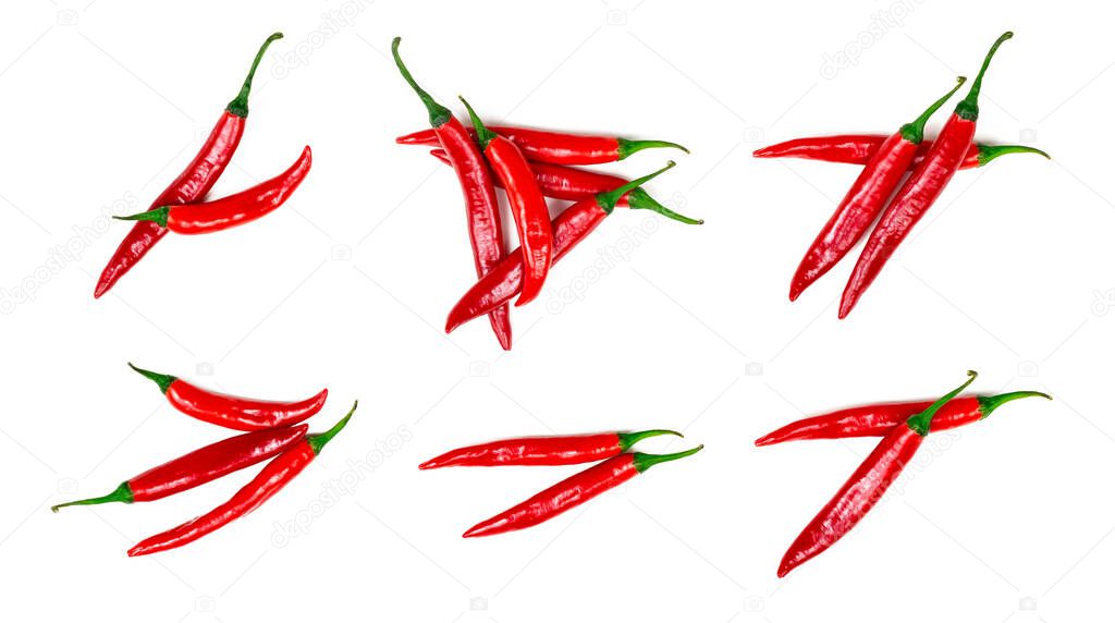 Fresh red hot chilli pepper set collection isolated on a white background.