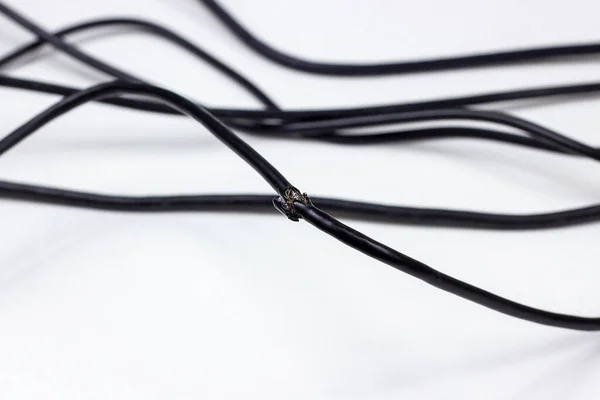Dañado Por Ratas Cable Eléctrico Negro Sobre Fondo Blanco Cable — Foto de Stock