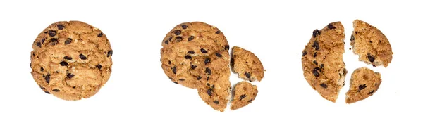 Närbild Choklad Chip Cookie Bitar Med Smulor Set Samling Isolerad — Stockfoto