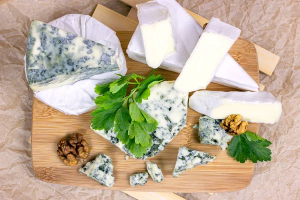 Top View Many Different Varieties Cheese Blue Brie Camembert Other — Stock Photo, Image