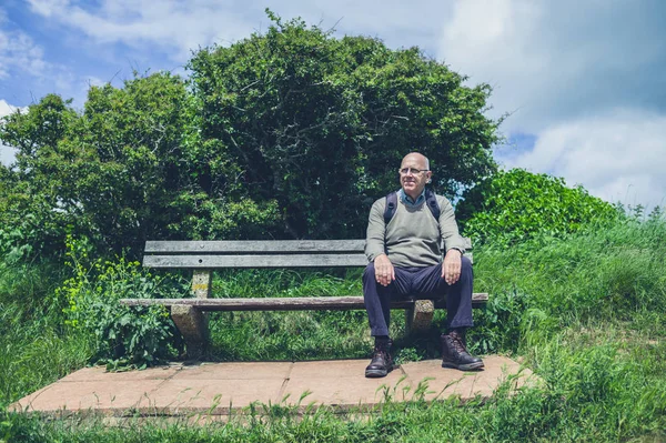 Senior Man Relaxing Banech Nature Summer Day — Stock Photo, Image