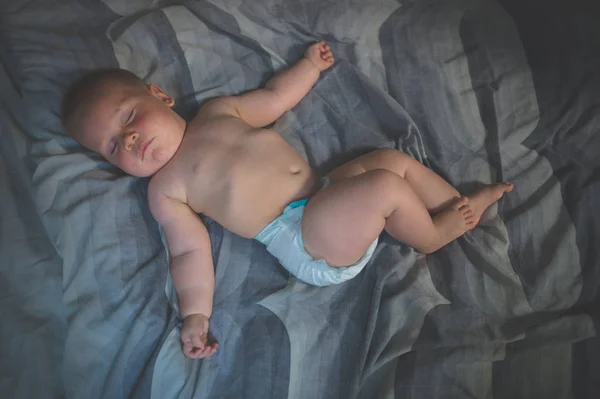 Cute Little Baby His Diaper Sleeping Bed — Stock Photo, Image