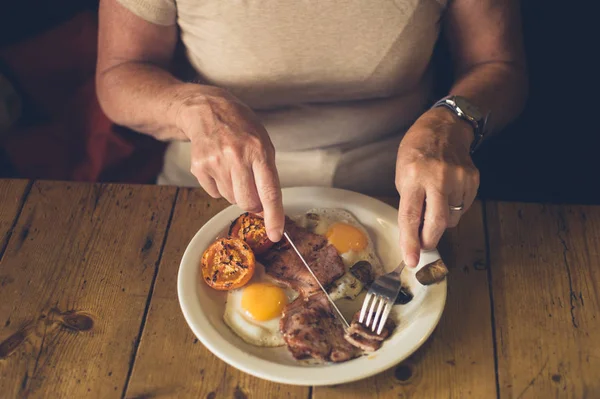 Senior Woman Cafe Eating Traditional English Breakfast — Stock Photo, Image