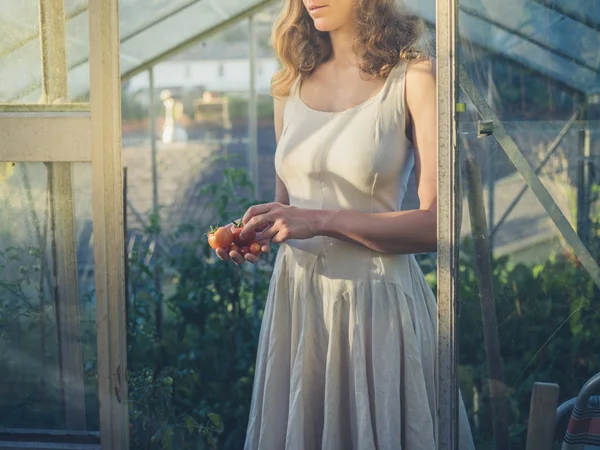 Mulher de vestido com tomates em estufa — Fotografia de Stock