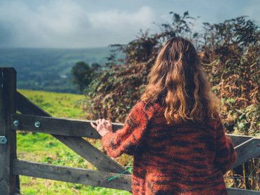 Woman by gate and fence in countryside clipart