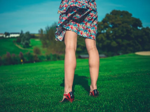 Mujer de pie en el césped con viento en el vestido —  Fotos de Stock