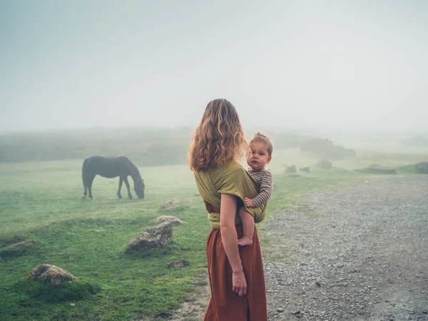 Madre con bebé en honda mirando a caballo en la niebla —  Fotos de Stock