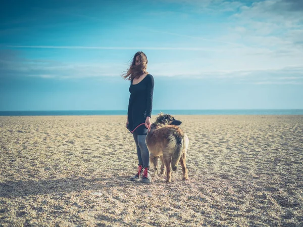 Mujer joven en la playa con perro gigante —  Fotos de Stock